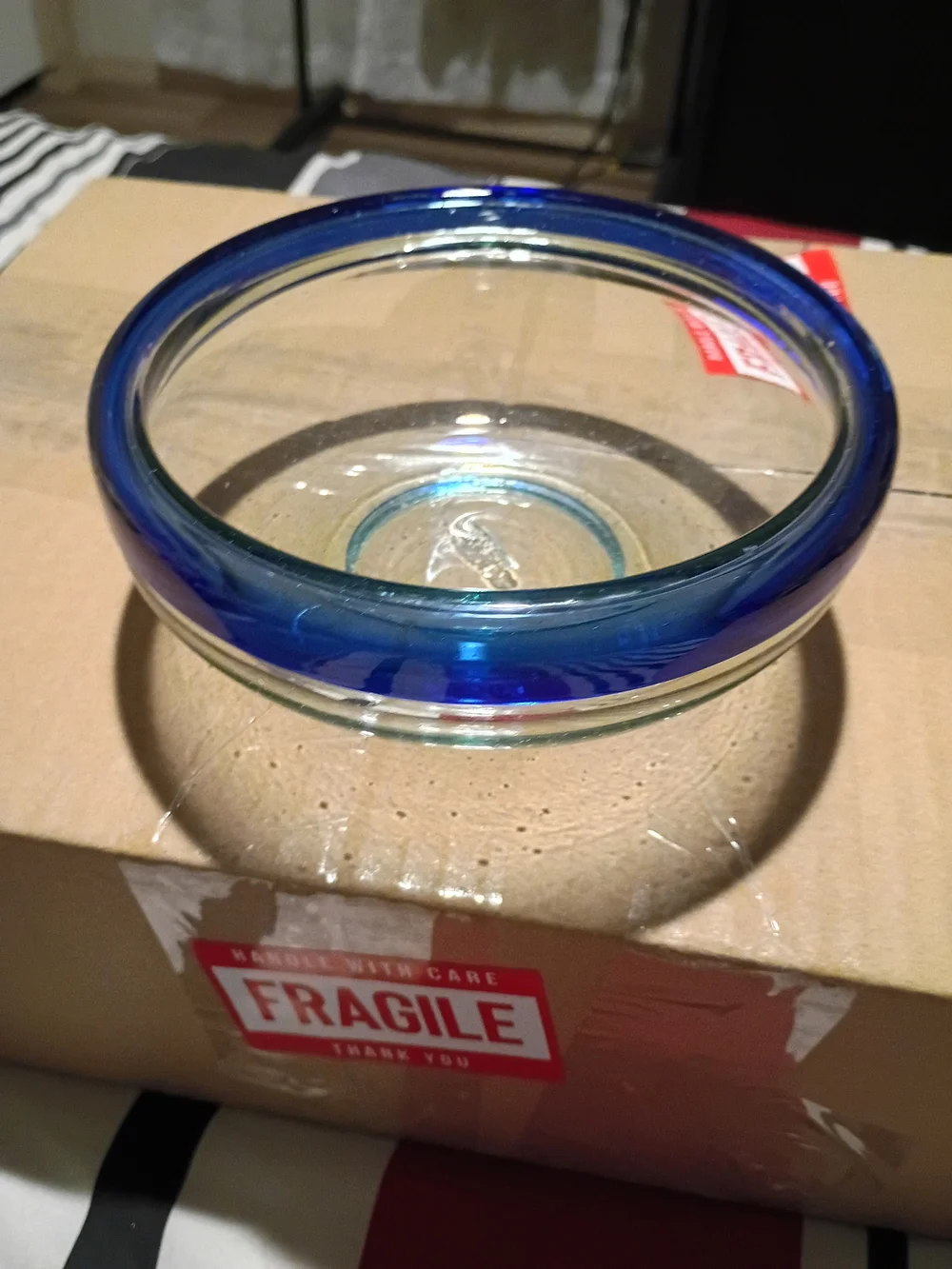 Hand Blown Mexican Glass Bowl Cobalt Blue Rim GUC